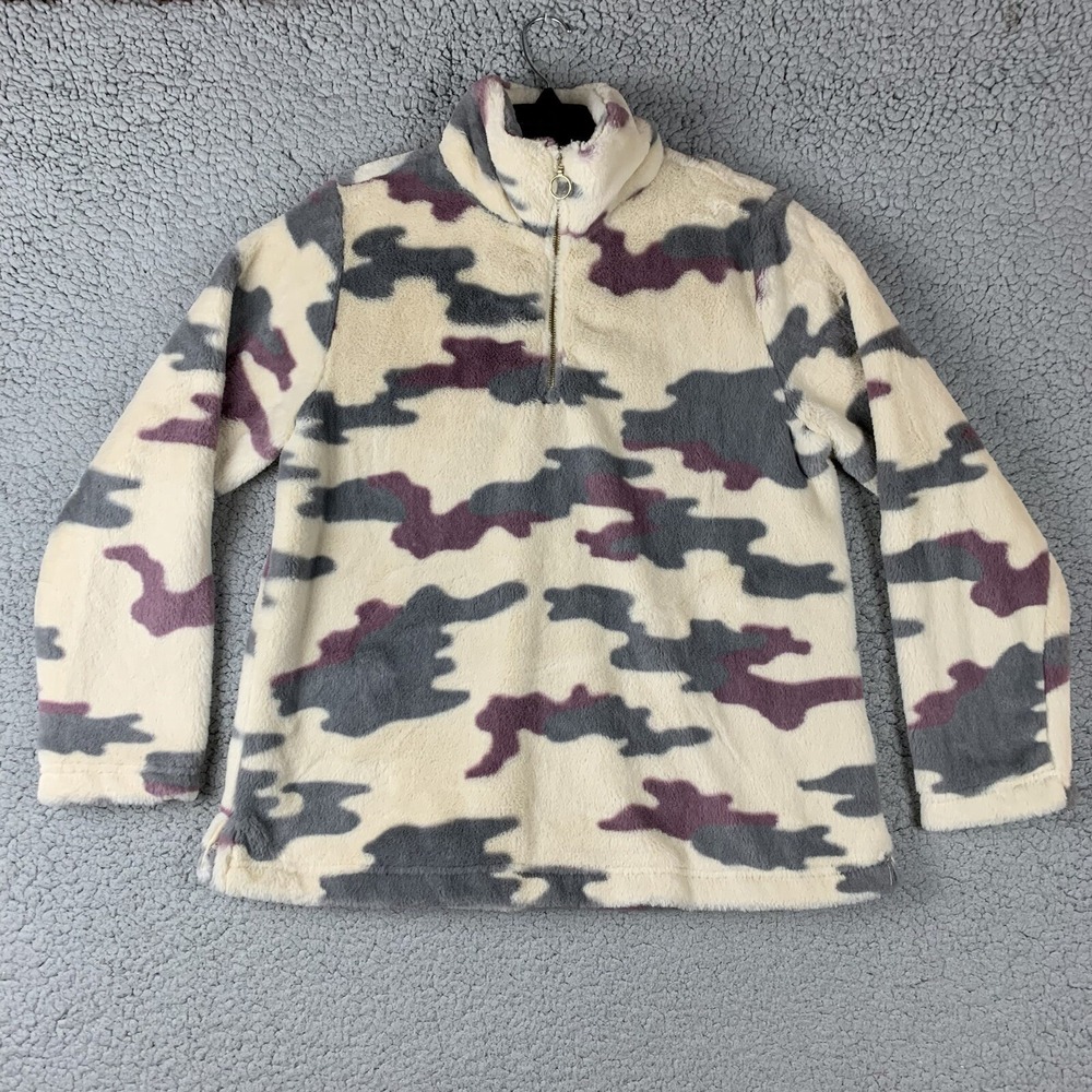 Camo Faux Fur 1/4 zip Super Soft pullover Camouflage size XL jumper Como Vintage